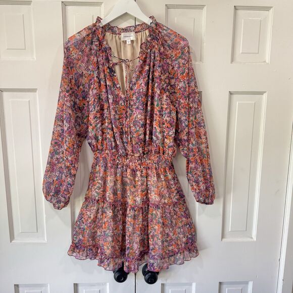 Lavender Brown Dress Smocked Long Sleeves Elastic Waist Tiered Floral Medium EUC - Picture 2 of 15